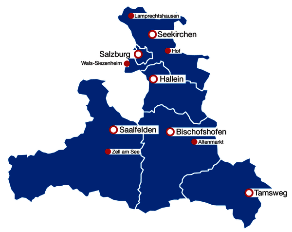 Landkarte von Salzburg mit den Bezirksstellen eingezeichnet